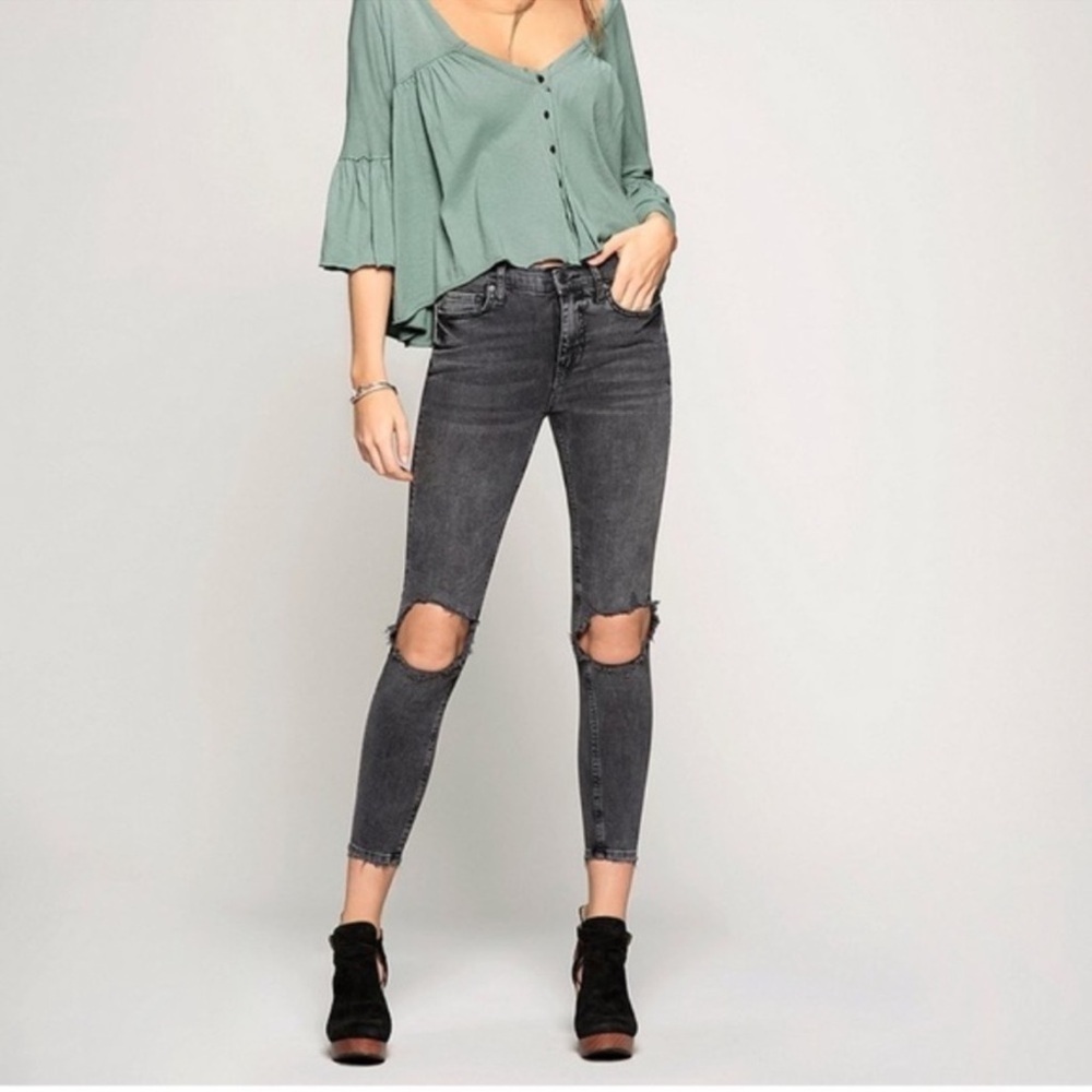 Free People High Rise Busted Knees Skinny Jeans Dark Gray Sz 30